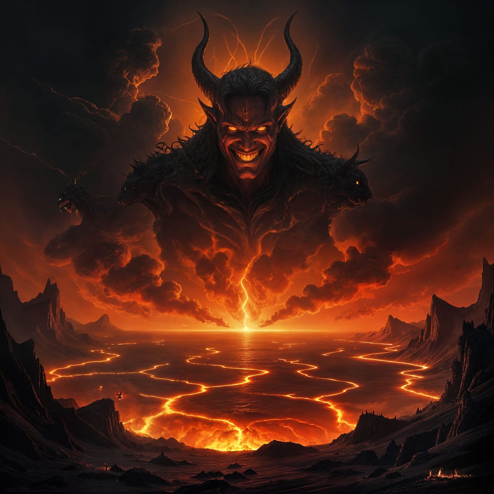 Devil Smiling Over Lake of Fire