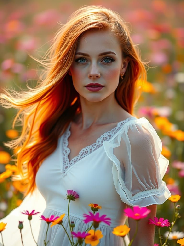 Redhead in Wildflower Field: Fashion Photography