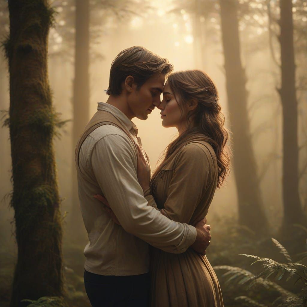 Romantic Forest Embrace in Warm Golden Light