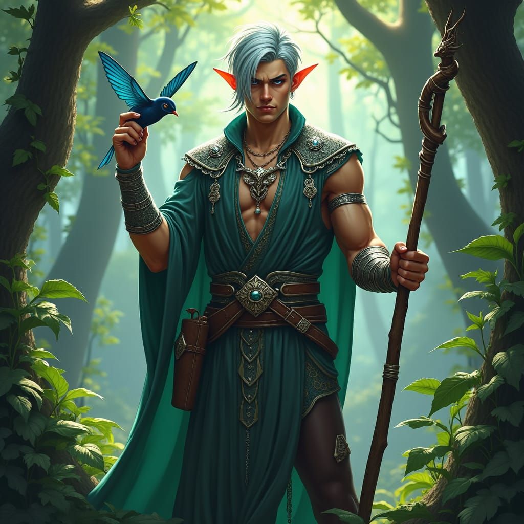 Half-Elf Nature Mage in Verdant Landscape