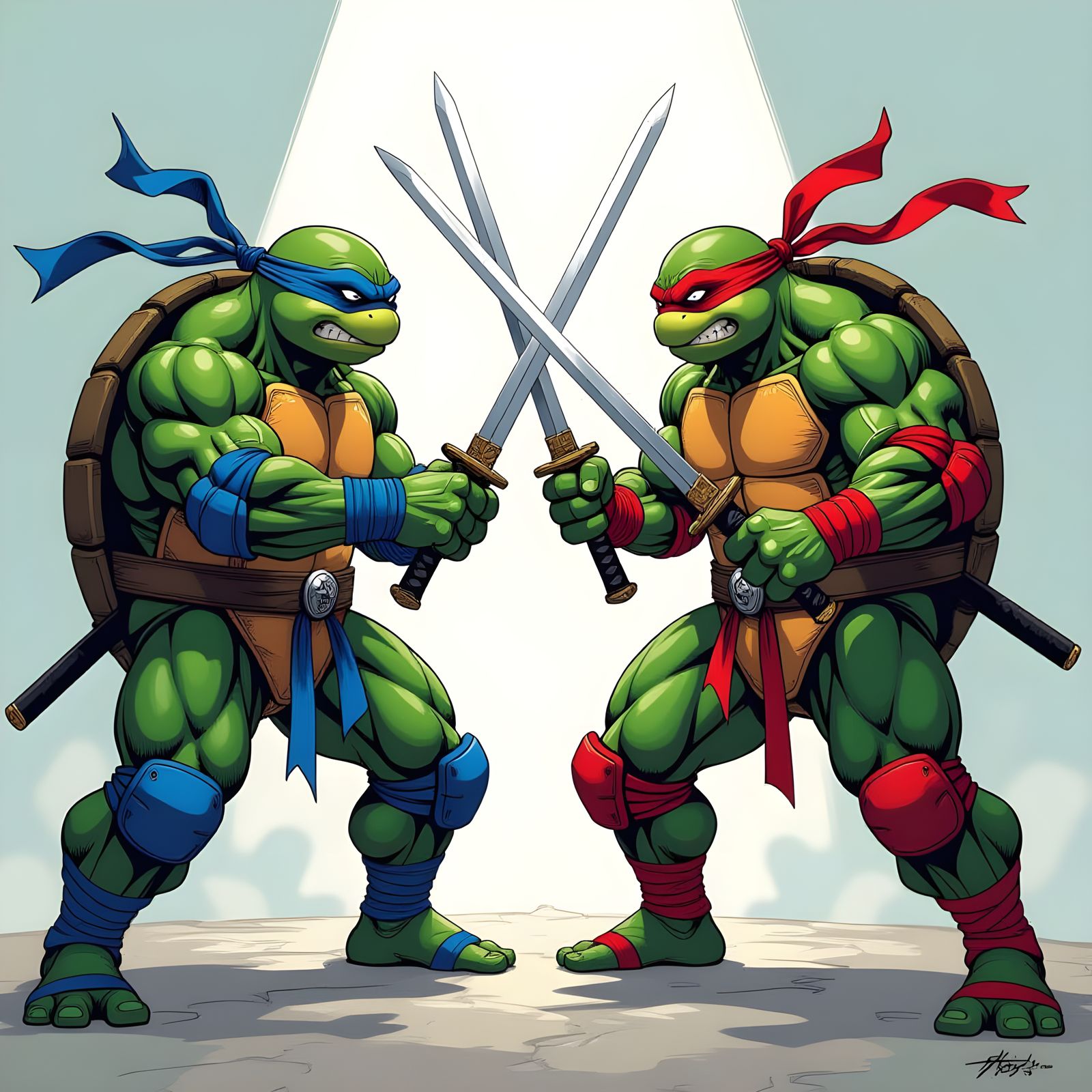 Muscular Ninja Turtles Duel in Comic Art Style