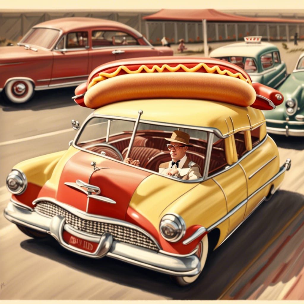 Hot Dog Drives a 1950s Car