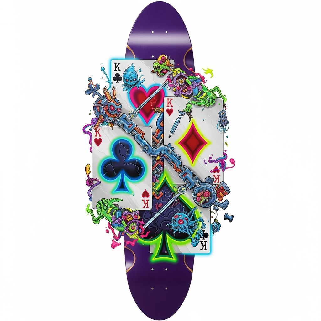 Futuristic Poker Card Longboard Deck in Pop-Surrealist Style