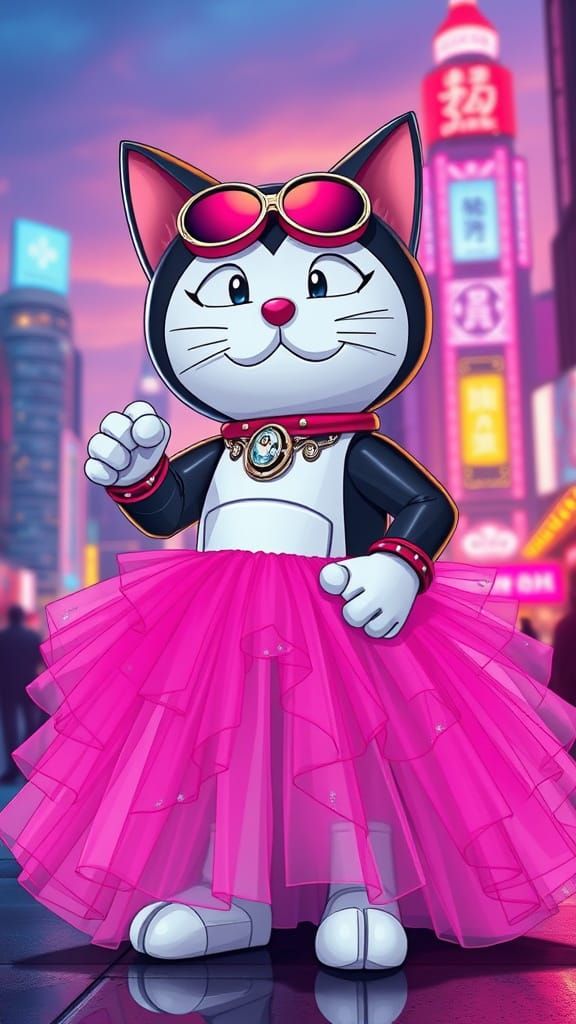Robotic Cat in Elegant Pink Gown Poses in Neon Cityscape