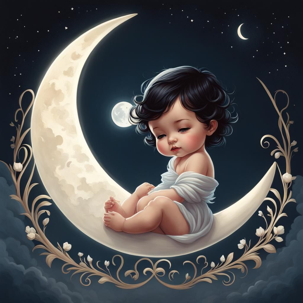 BLACK HAIRED BABY ANGEL ON CRESCENT MOON 4