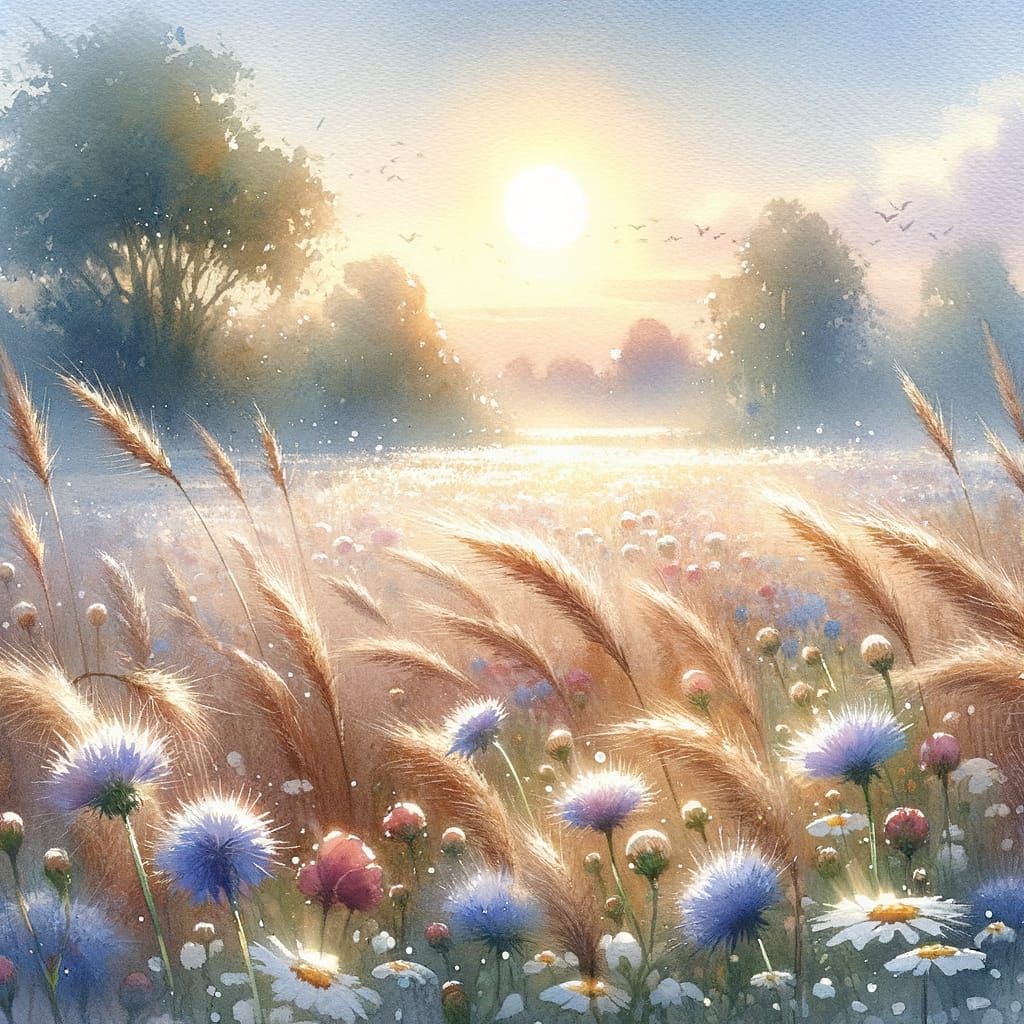 Impressionist Field Scene in Dreamy Watercolour