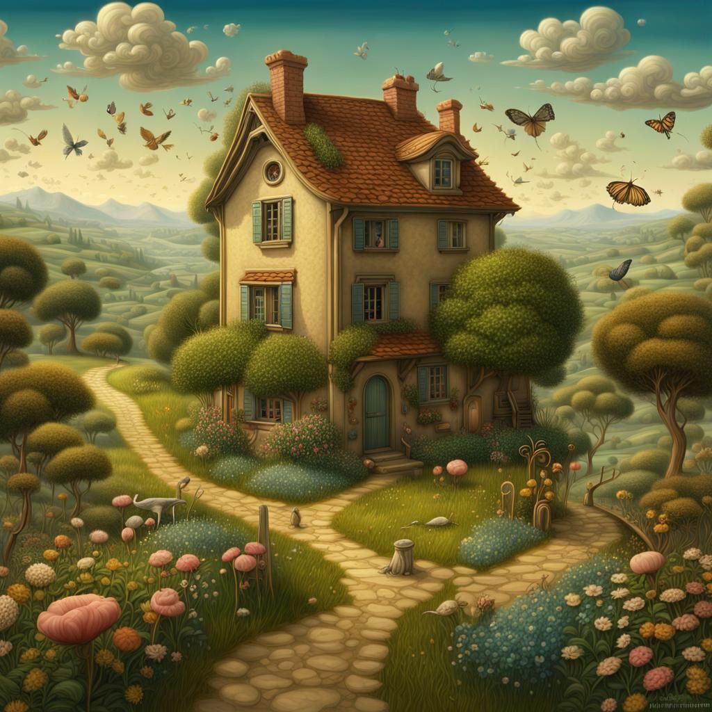 Hyperrealistic Surreal Landscape with Animals and House