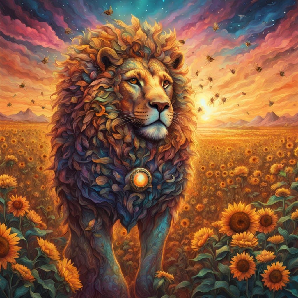 Majestic Lion in Sunflower Field