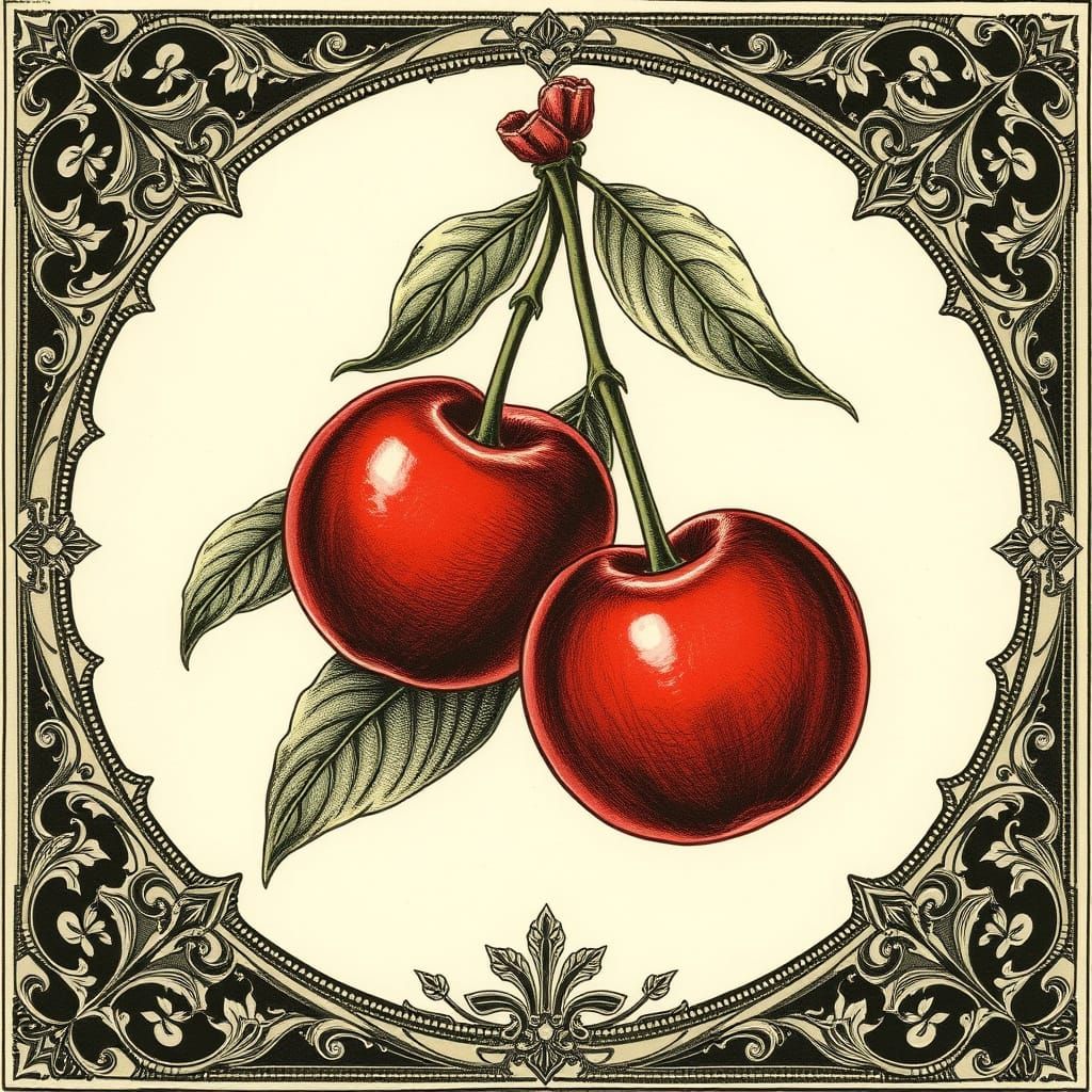 Gothic Cherry Illustration in Ornate Style