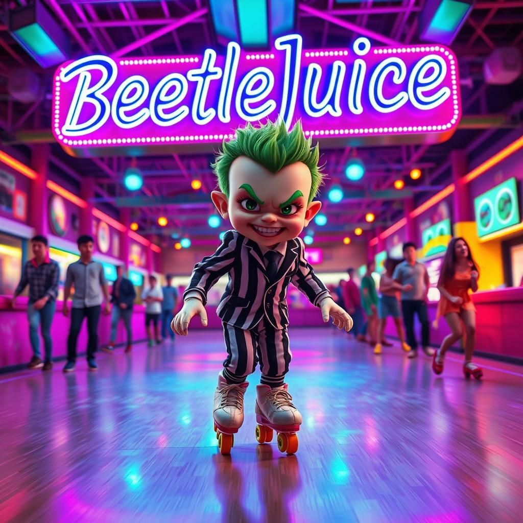 Beetlejuice Toddler Gliding in Neon Roller Rink