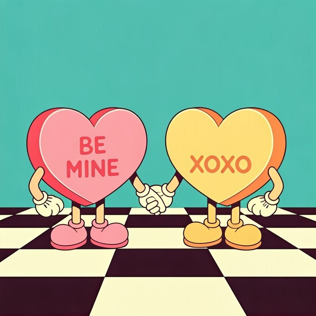 Playful Conversation Hearts in a Retro Disney-Inspired Aesth...
