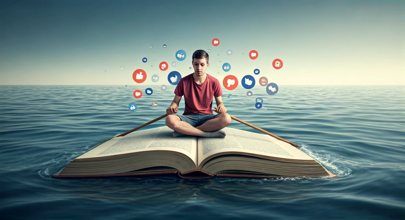 Man Navigating Social Media Sea on Book-Boat