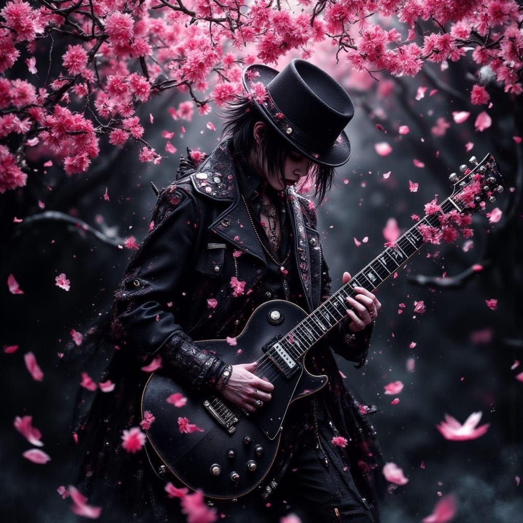 Visual Kei Musician Under Sakura Tree in Monochrome