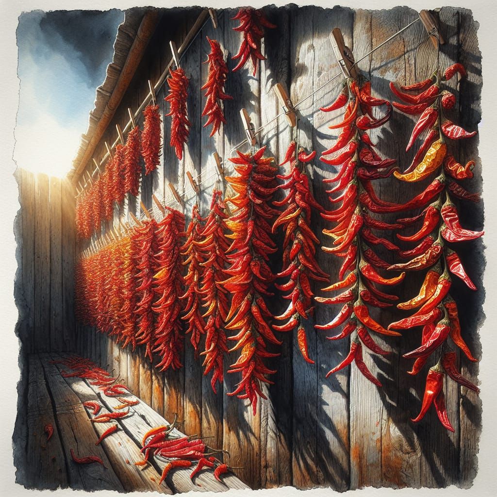 Red Chili Peppers Drying: Botanical Illustration