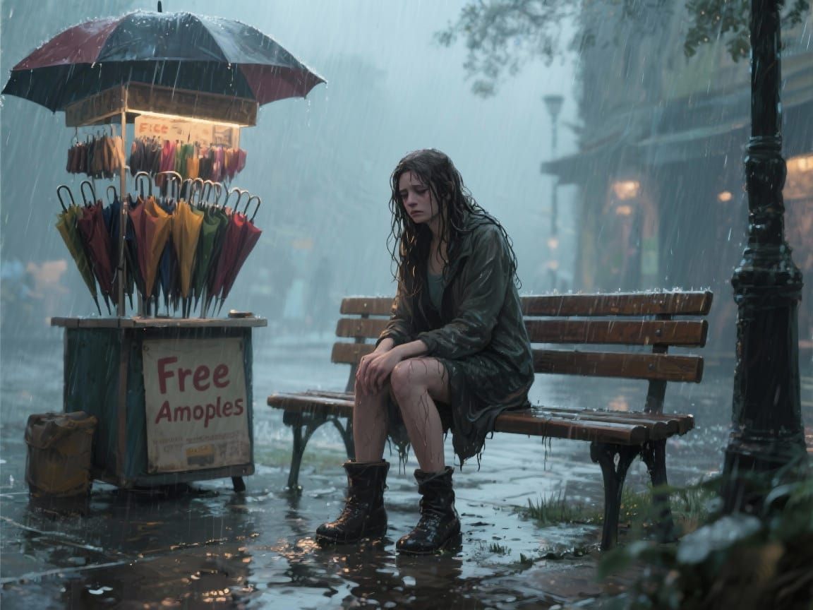 Sad Woman in Rain Beside Free Umbrella Stand