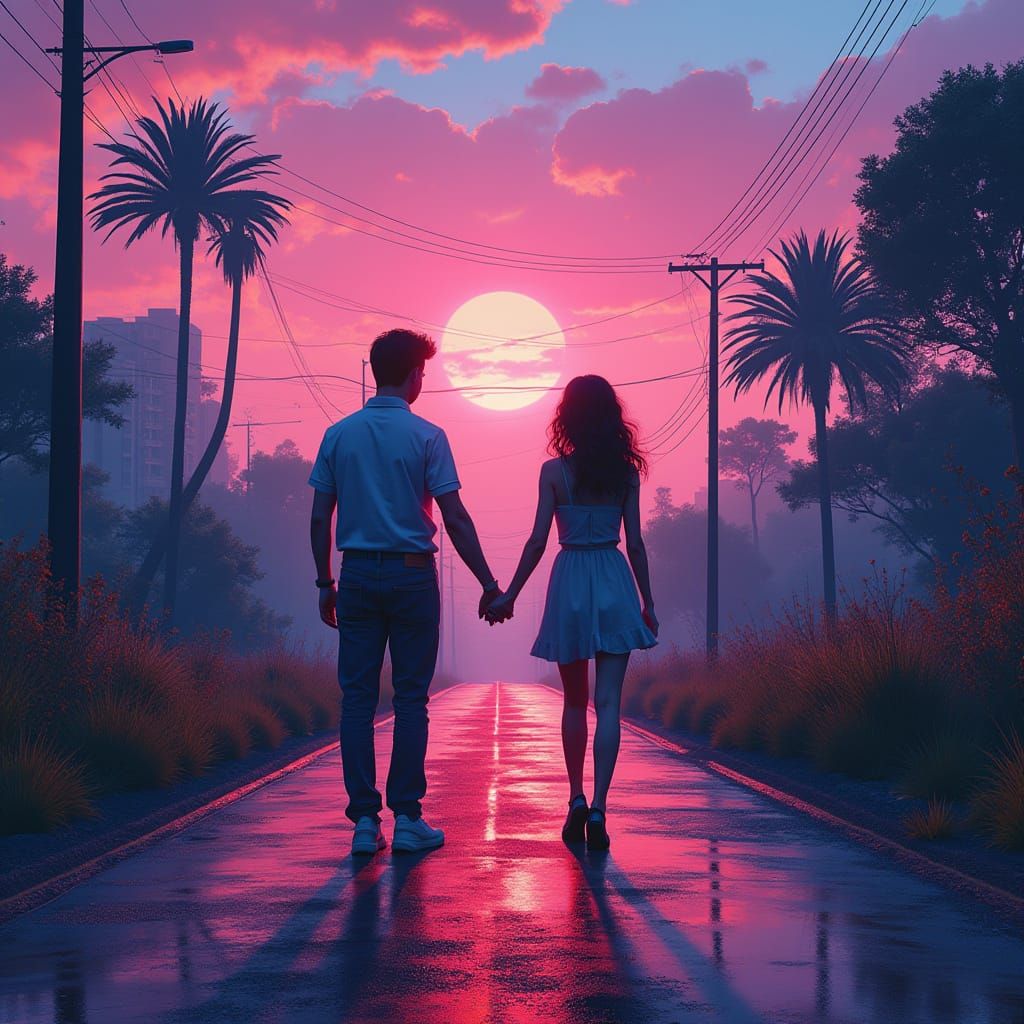 Vibrant Futuristic Landscape with Couple, Hyperrealistic Sty...
