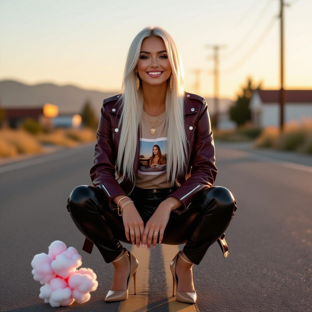 Woman in Leather Pants Squatting with Cotton Candy