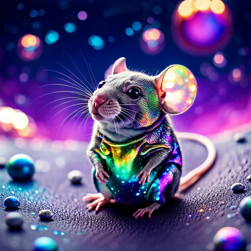 Iridescent Chibi Mouse on Moon in Starry Sky