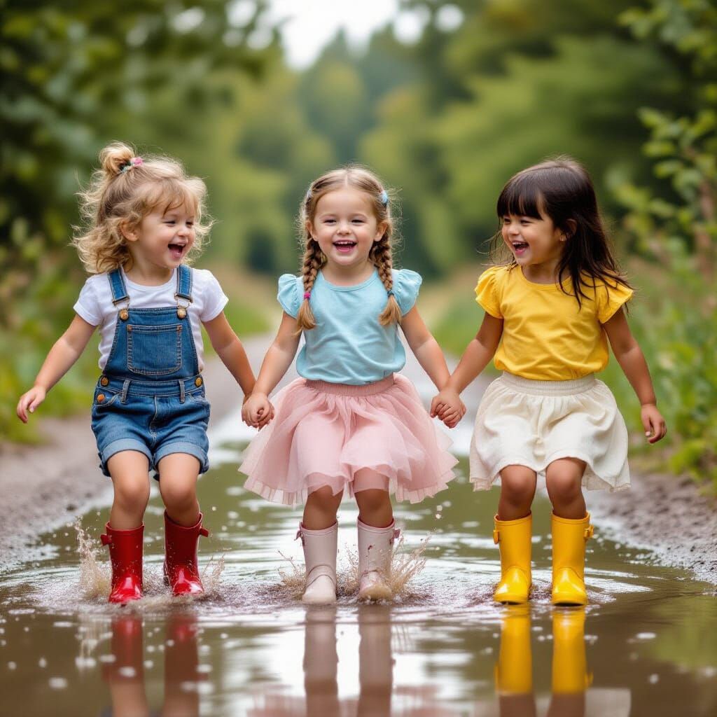 Joyful Girls Jumping in Puddles, Photorealistic Style
