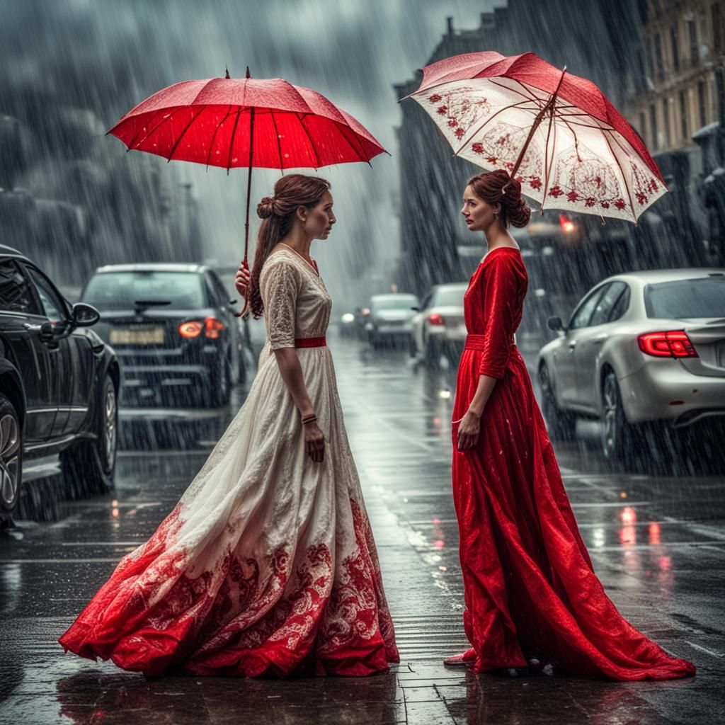 Contrasting Emotions: Women in Red and White Dresses