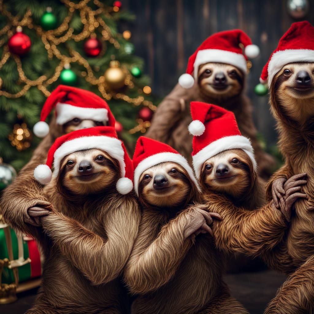 Sloths Party in Christmas Outfits: Hyperrealistic Image
