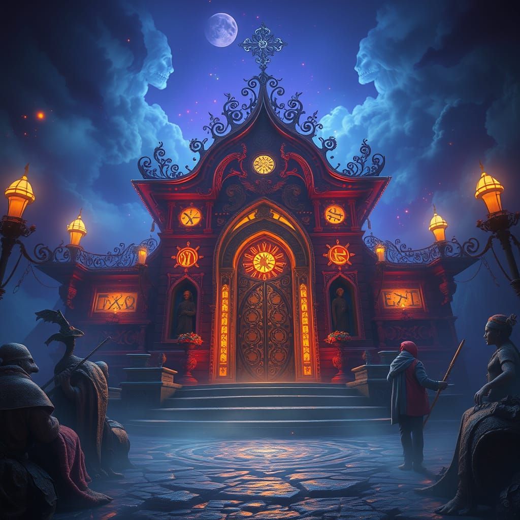 Mystical Teschio in Deep Blue-Purple Hues with Vibrant Orang...