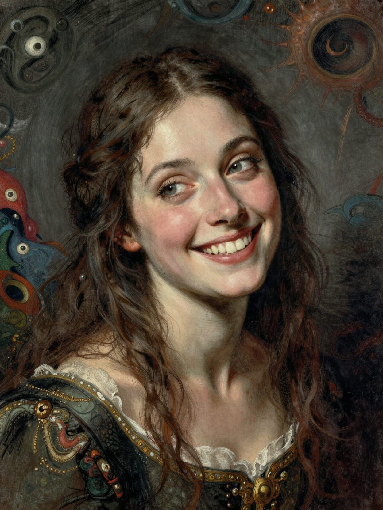 Joyful Woman in Goya-Inspired Fantasy Sketch Painting