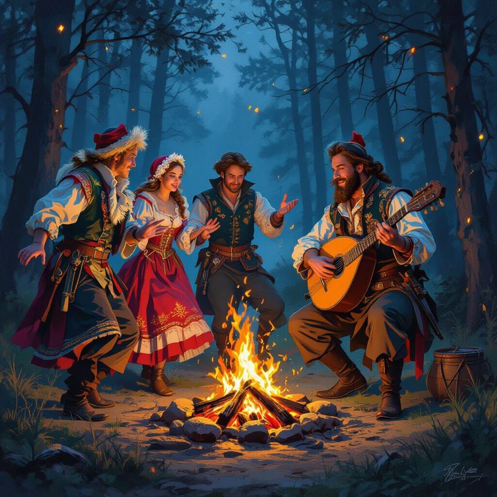 Russian Folk Dance Around Campfire in Dark Fantasy Style