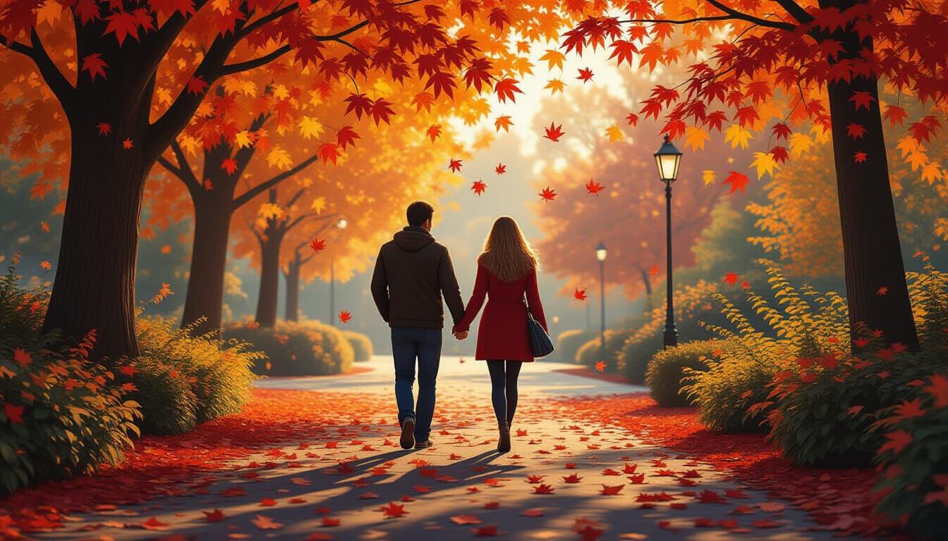 Romantic Couple Walk in Autumn Leaves, Hyperrealistic Splash...