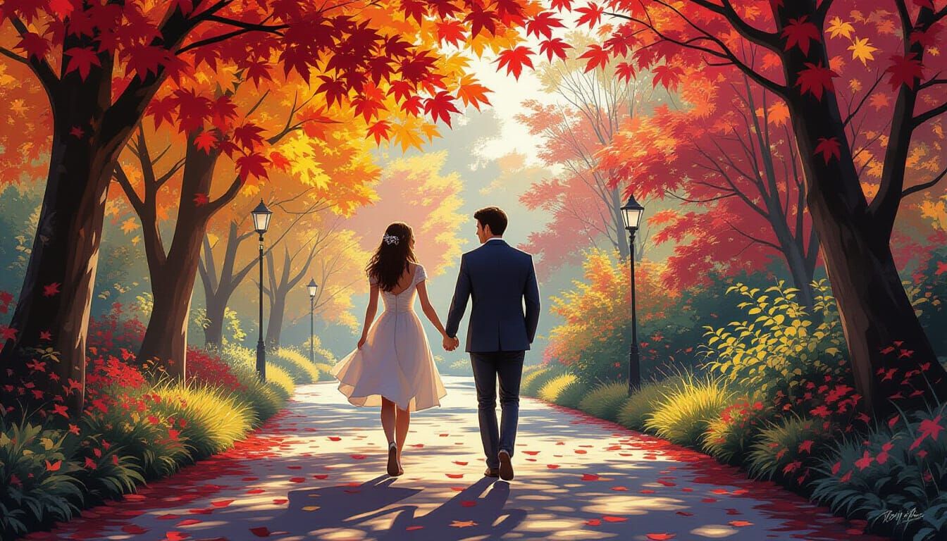 Romantic Couple Walk Amidst Colorful Maple Leaves