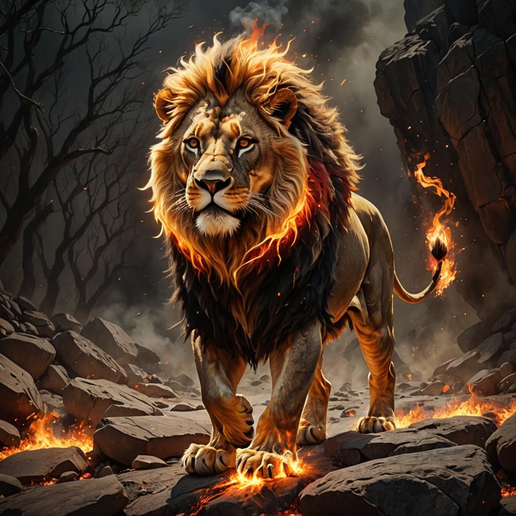 Fiery Lion Walking in a Mystical Landscape