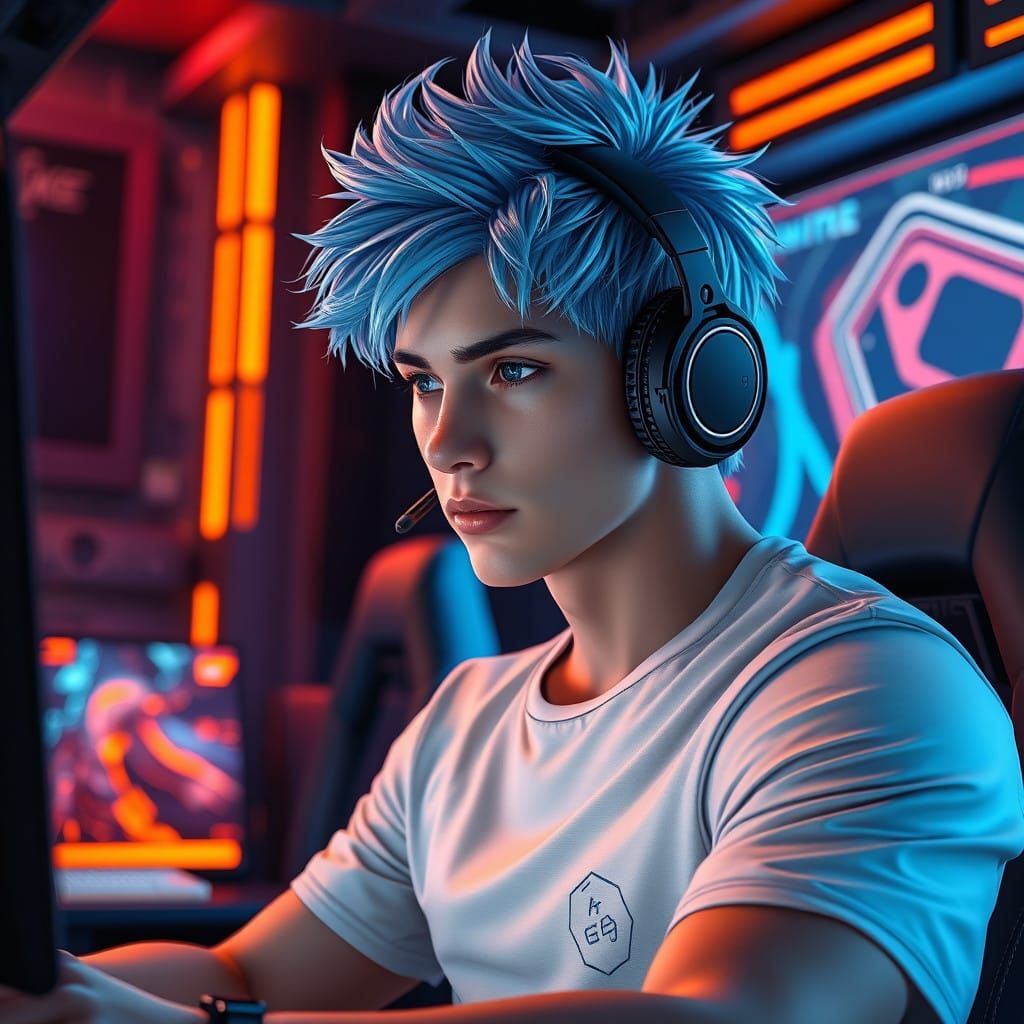 Hyper-Realistic Gamer in Neon-Lit Lair