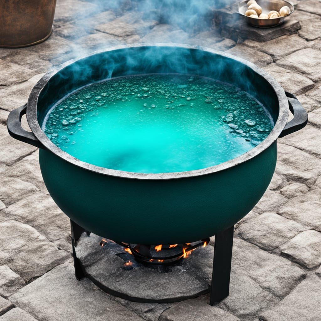 Cauldron filled with a boiling teal liquid 37