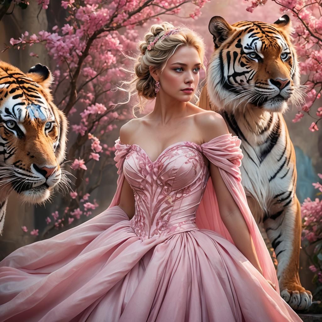 a realistic beautiful pink tiger is the feature, standing beside him is a beautiful woman, blonde hair in a messy updo, ...