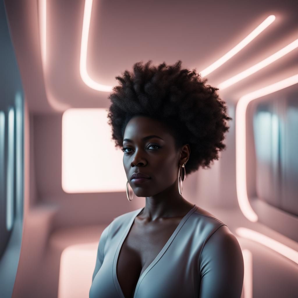 Luminous Black Woman in Futuristic Home