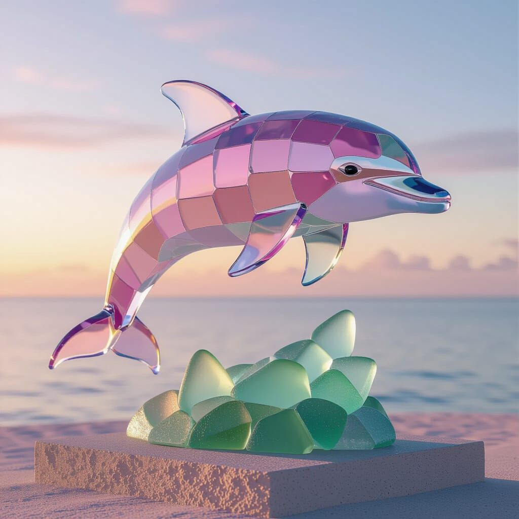 Dolphin Sculpture Made of Frosted Sea Glass in Pastel Hues