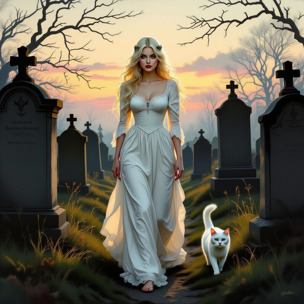 Ghostly Woman Walks to Grave in Ethereal Cemetery at Dusk