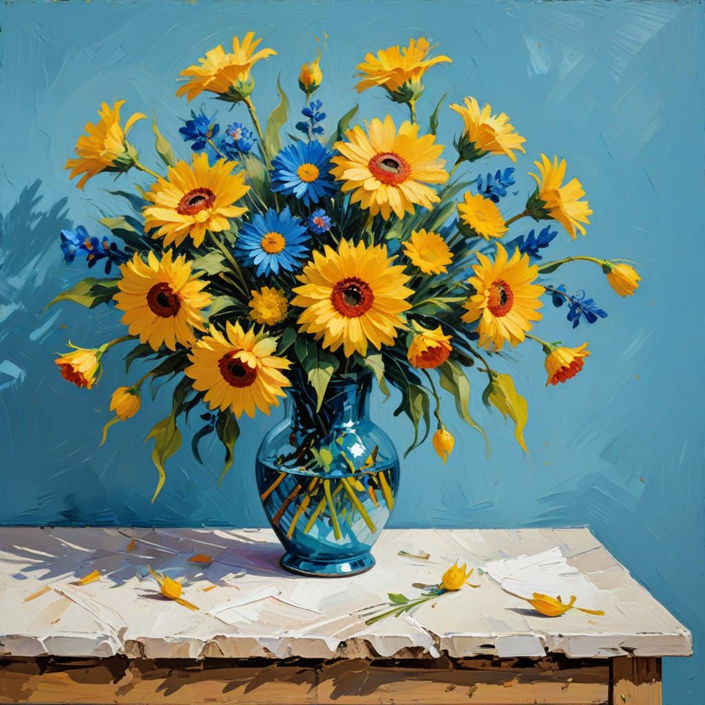 Neo-Impressionist Flower Arrangement in Vibrant Oil Painting