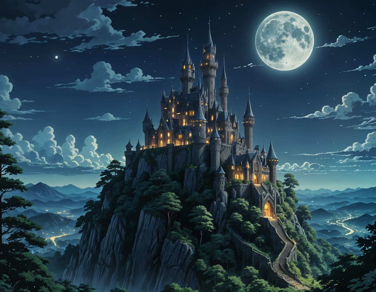 Surreal Castle in Moonlit Forest Majesty