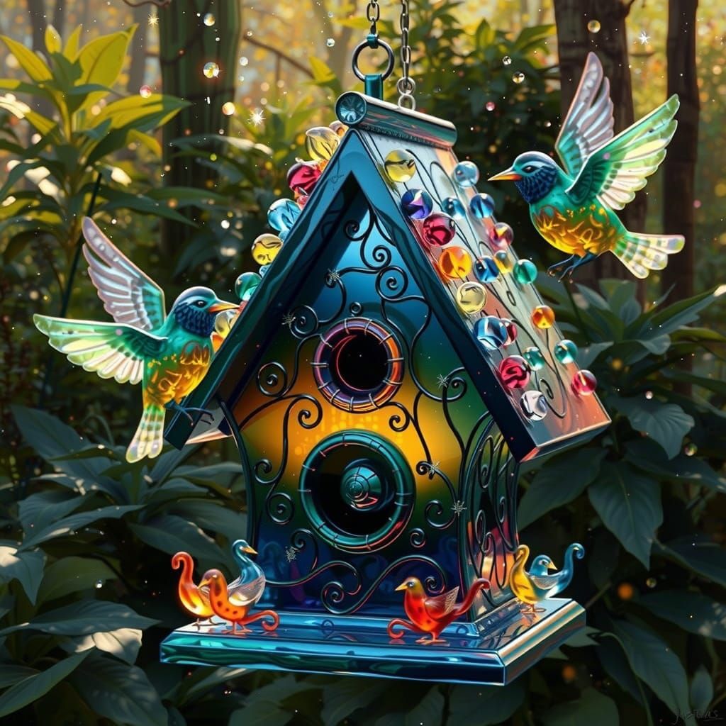 Rainbow Glass Birdhouse: Hyperdetailed Charcoal Drawing