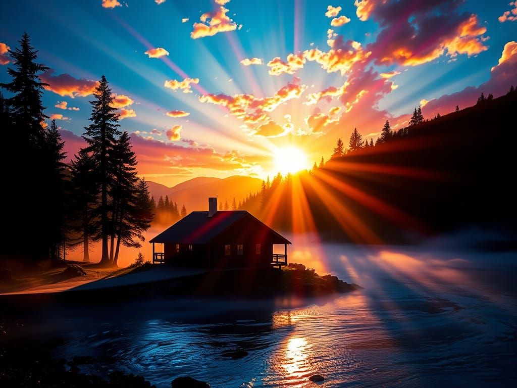 Vibrant Cottage Silhouetted Against Kaleidoscopic Sky