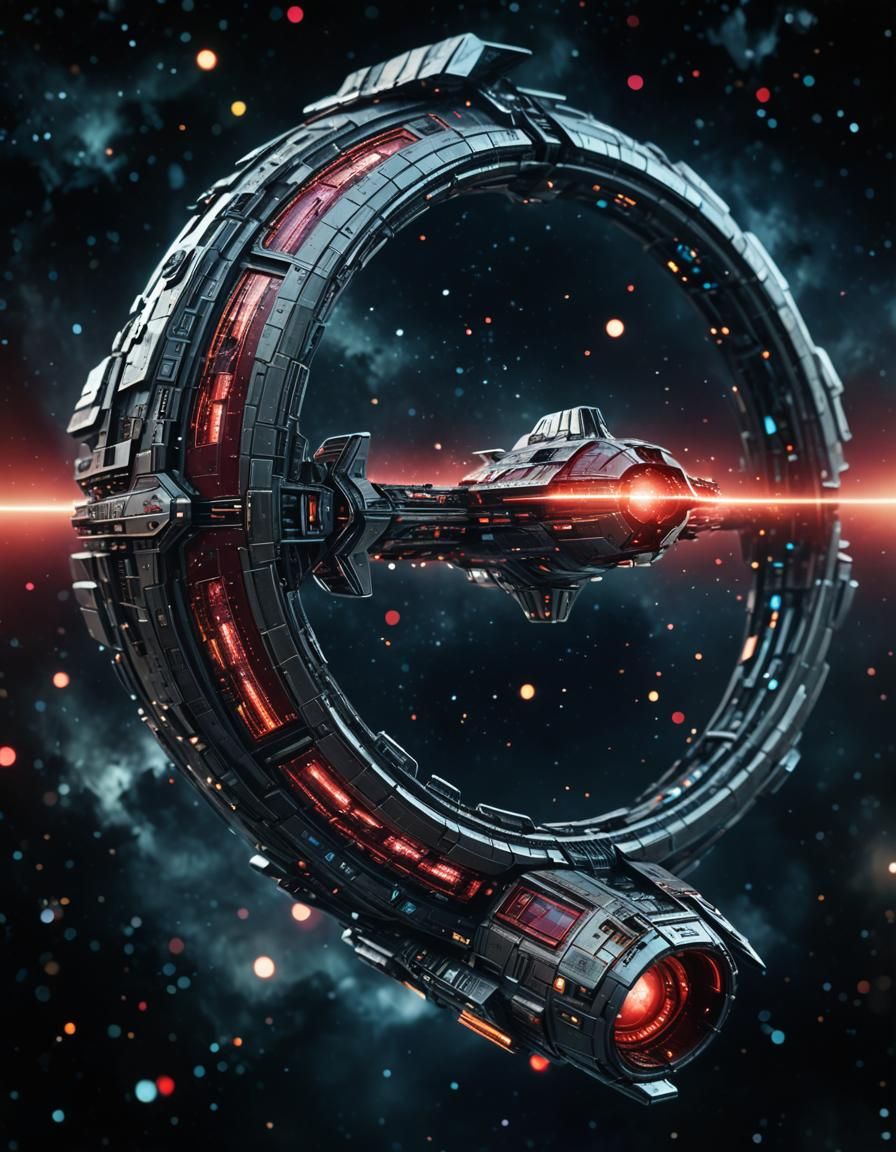 Cyberpunk Spaceship Cruises Through Data Stream Galaxy