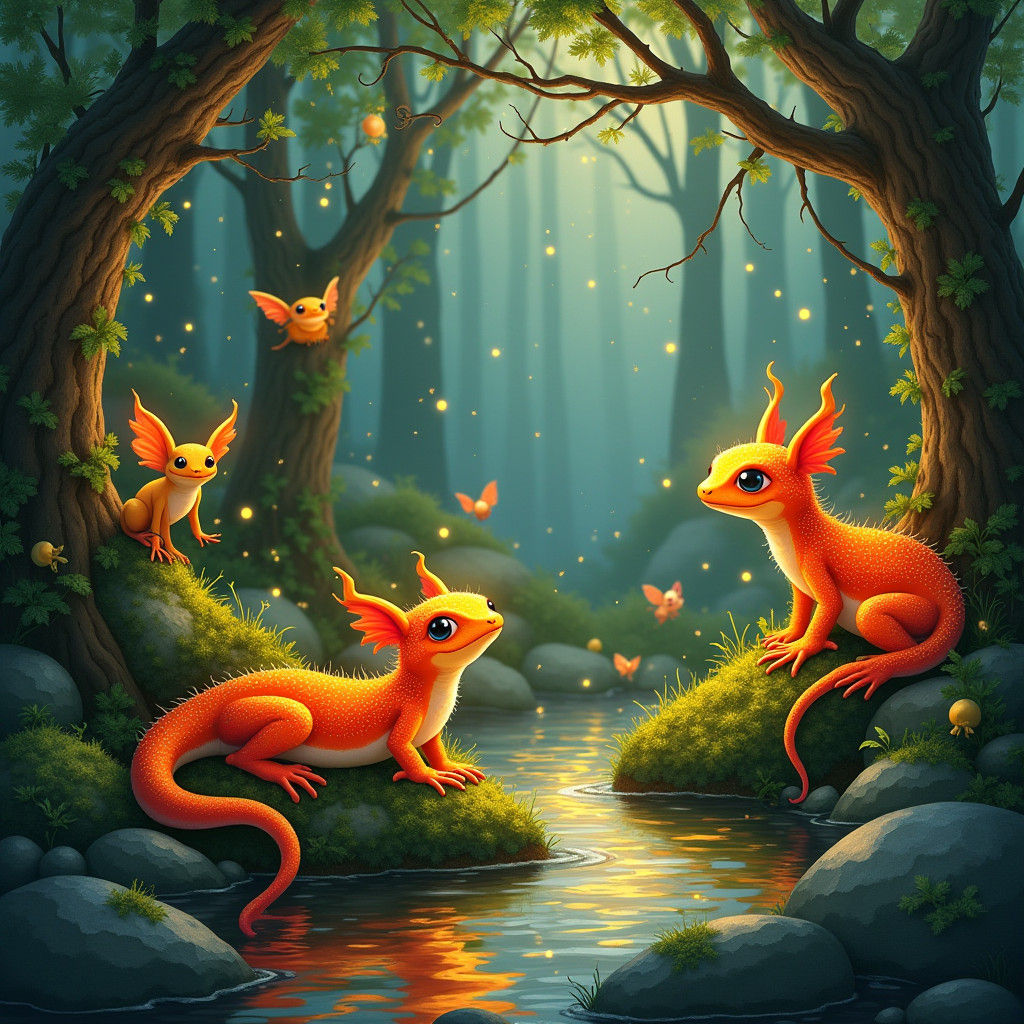 Whimsical Fire Salamanders and Fae in Fairy Forest