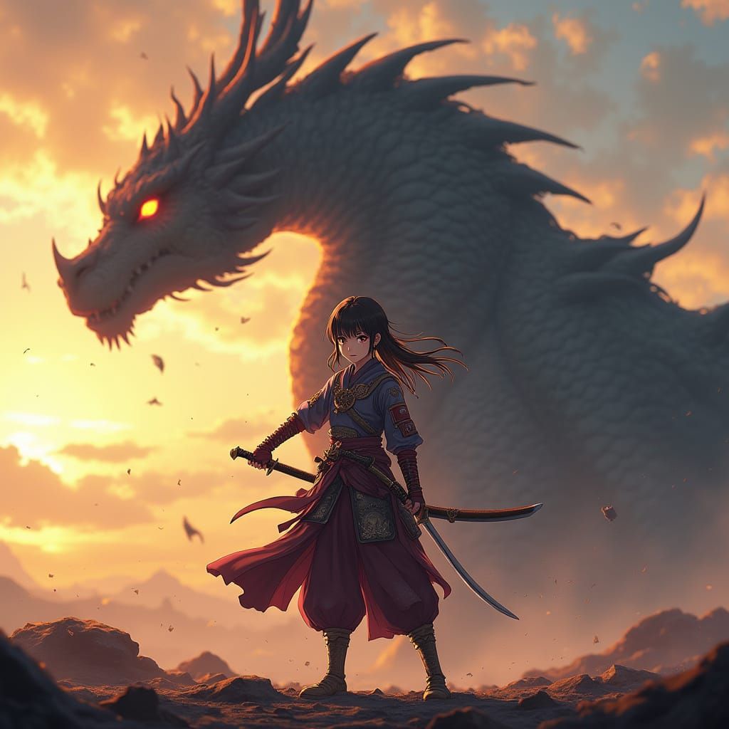 Samurai Warrior and Dragon in Anime Style
