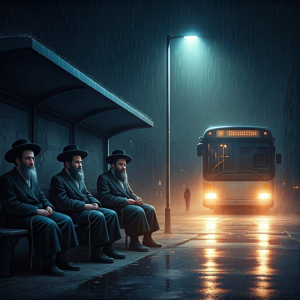 Traditional Hasidic Men Await the Bus in Mysterious Evening...