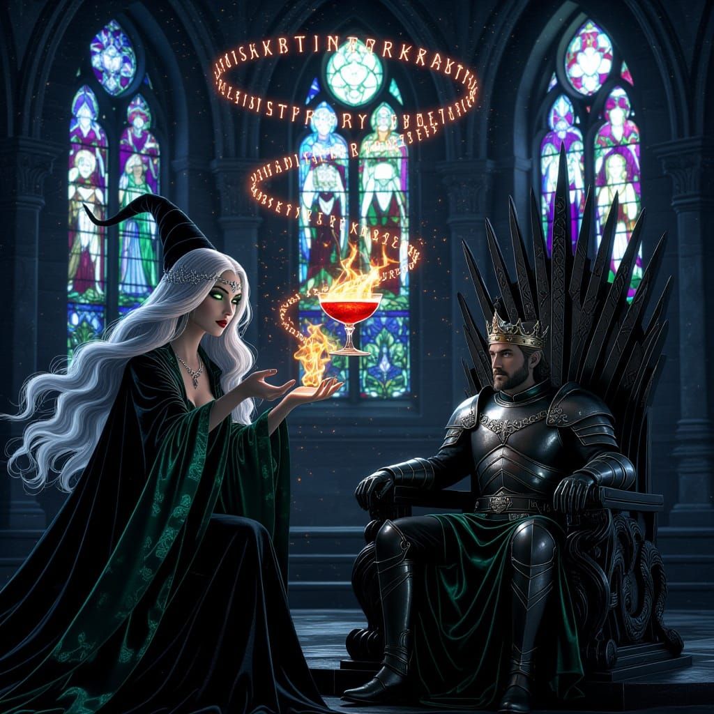 Enchanting Witch Seduces King in Moonlit Throne Room