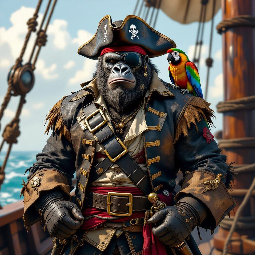 Gorilla Pirate Captain on Ship Deck, in Frazetta Style