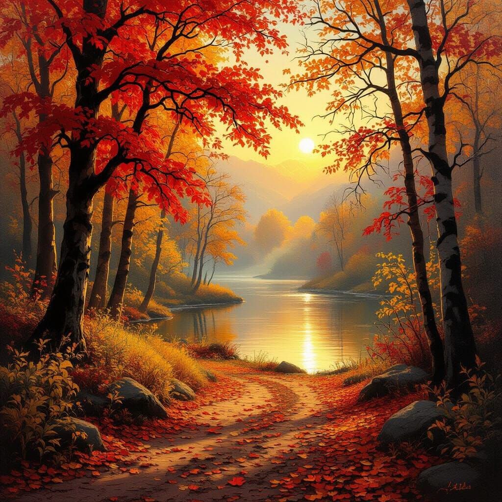 Crimson Autumn Landscape in Majestic Oil Painting Style