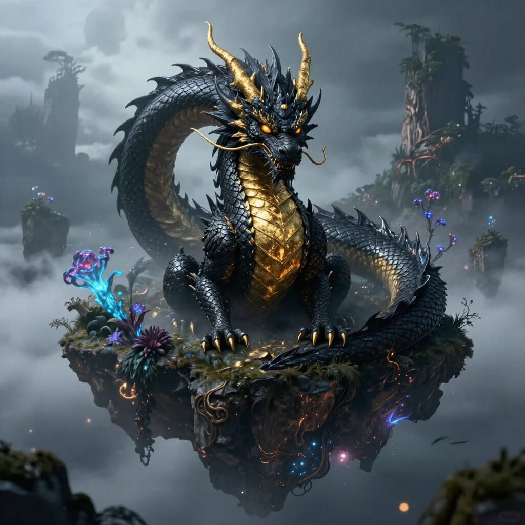 Ancient Dragon on Misty Floating Island in Dark Fantasy Styl...