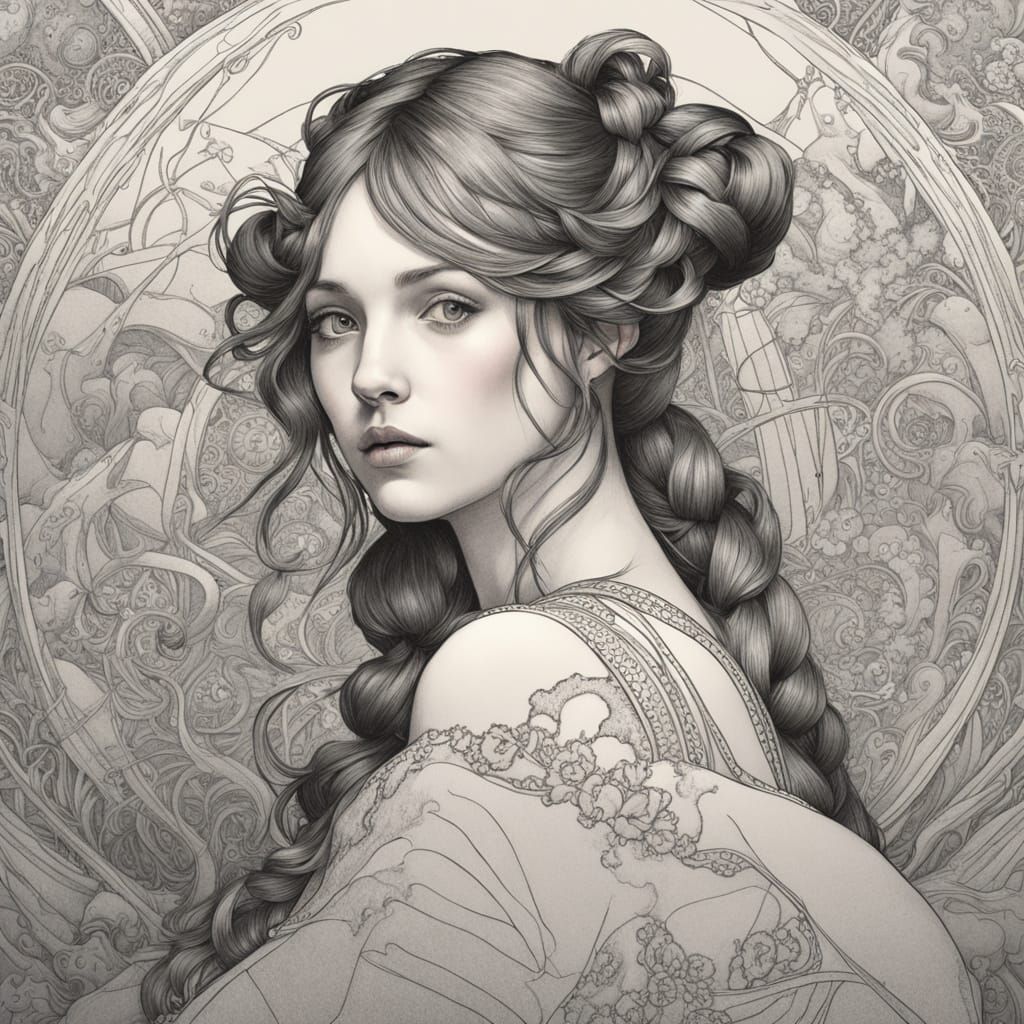 Fantasy World Forms From Pencil Drawing of Young Woman